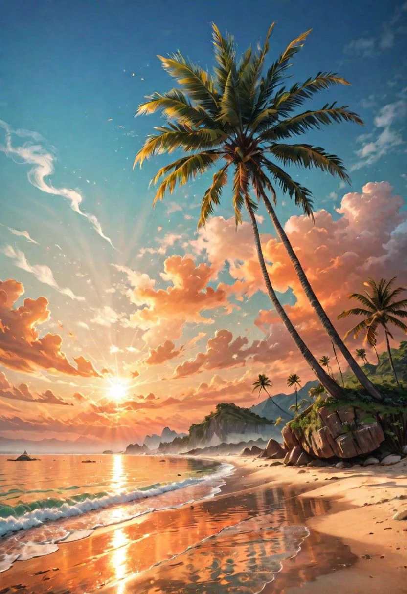 ((sea bay)), beach, palm tree, sunset, orange sky, cloud, (masterpiece),((ultra-detailed)), (highly detailed CG illustration),(expressionless), (best quality:1.2), High quality texture, intricate details, detailed texture, High quality shadow, Cinematic Light, Depth of field, light source contrast, perspective,20s, (ulzzang-6500-v1.1:0.5), <lora:epi_noiseoffset2:1>, <lora:add_detail:0.8>,