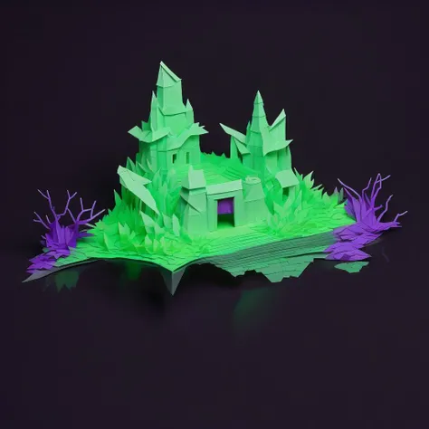 origami style breathtaking a green glow in the dark 3d printed plastic model of an abandoned crumbling eldritch stone fortress ruin made of sea choral and a purple tree in the foreground, Anato Finnstark, eldritch, concept art, generative art . award-winning, professional, highly detailed . paper art, pleated paper, folded, origami art, pleats, cut and fold, centered composition