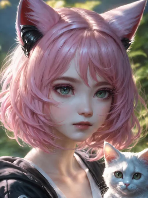 masterpiece, best quality, (1girl), neoartcore, beautiful detailed eyes, looking at viewer, upper body, pink hair, shy, cat ears, very detailed, high resolution, sharp, sharp image, 4k, 8k,