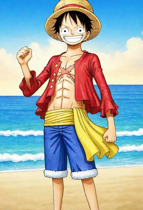 Portrait by Monkey Di Luffy Smile in the beach , ultra detailed background,  best drawing,  master piece , 8k