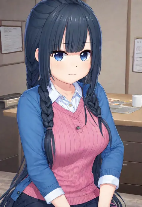 masterpiece,chibi, photograph,realistic lighting,dark blue button shirt with thin white vertical lines, blue sweater absurd quality,realism best quality,long hair, messy hair, happy, blackish blue hair,pink eyes, long hair,large breasts,shy,fat:1.4,chubby:1.3,thick body,hair braid, ,thick thighs,thick arms,fat legs,saggy breasts,dark blue shirt with thin white vertical lines, black leggings,hair braid, Braid over shoulder, brown skirt,