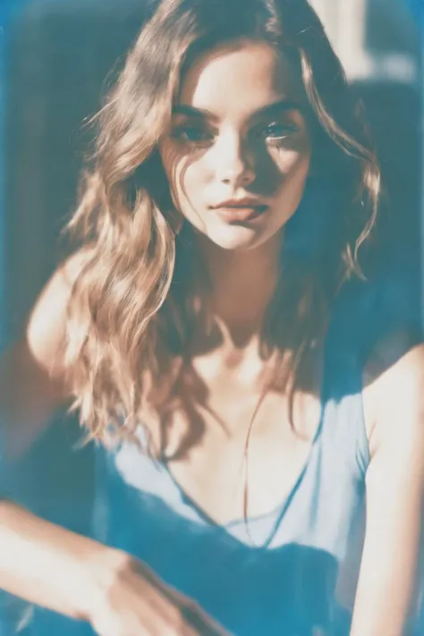 crop and fit to draw area, a candid Polaroid professional photograph of a young pretty woman, light leak, fashion super model shot from distant, blue tinted, little bit sexy, max details, celebrity,