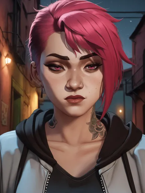 arcane style, 1girl, hoodie, arm tattoo, portrait, asymmetrical bangs, bandaid, short hair, bangs, breasts, freckles, grey eyes, large breasts, looking at viewer, neck tattoo, nose piercing, pink hair, scar, scar on face, solo, tattoo on face, upper body, detailed background, town, alley, dark alley, portrait, hood on head, night, angry, close up, closed mouth, , ((masterpiece)), absurdres