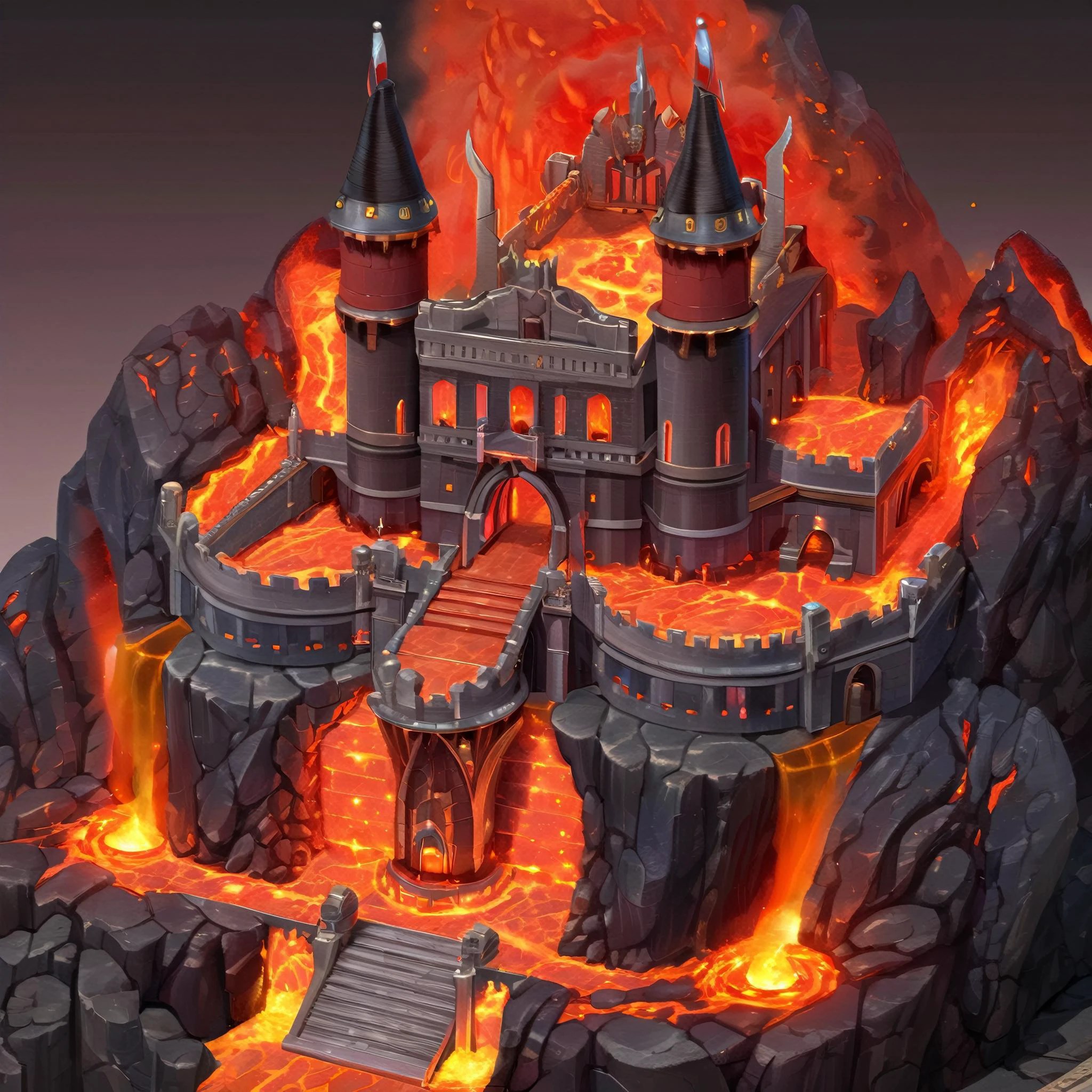 ((masterpiece, best quality)), absurdres, Isometric_Setting, highly detailed, inside dragon lord's castle, red glow, lava, magma, fire, <lora:Stylized_Setting_SDXL:0.8>
