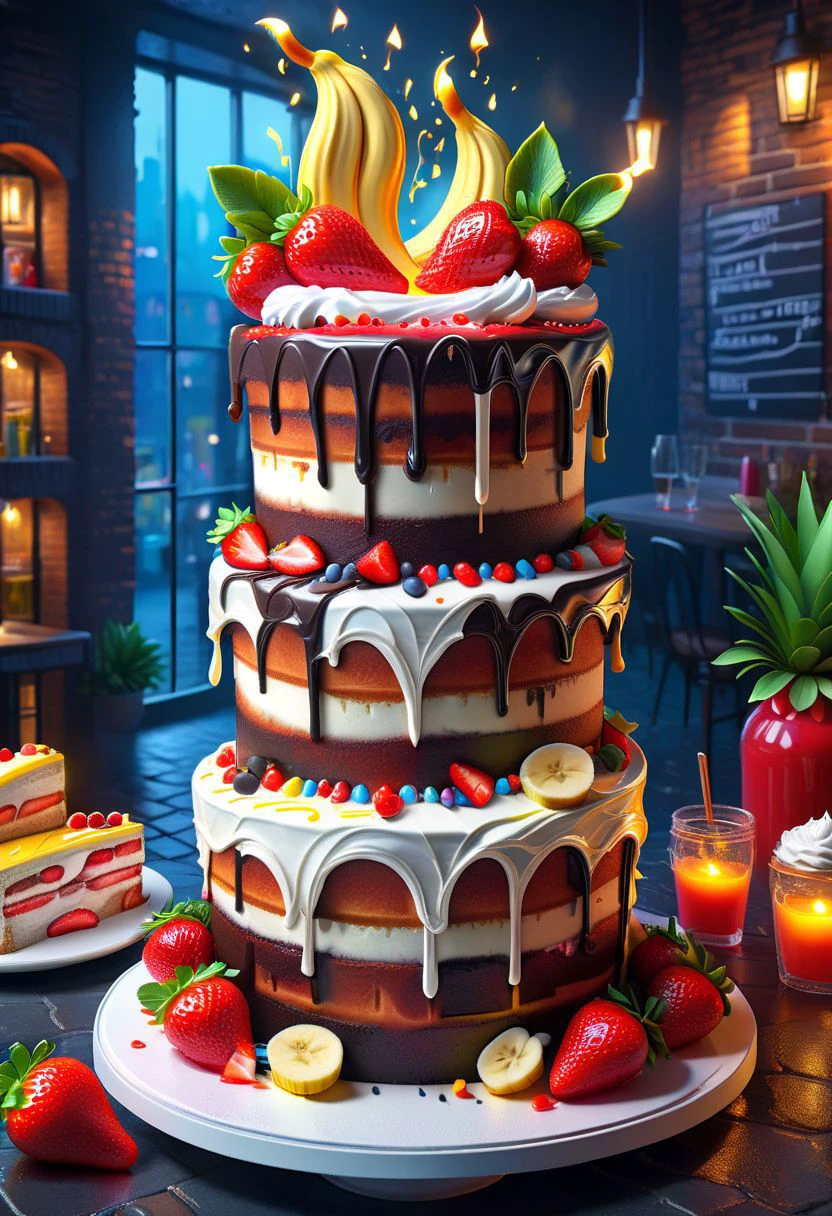 A succulent and appetizing digital illustration of a chocolate, fiordilatte cream cake, with pieces of fresh strawberries and banana cascading into the creamy mixture in a delicious explosion of flavor and texture. The image captures the essence of indulgence and pleasure, with a hyper-realistic rendering that makes the viewer feel as if they could reach out and take a sip. The artist has skillfully captured the delicate balance of light and shadow, as well as the intricate details of the cake's texture and delicate fruit pieces of strawberries and banana,
a waterfall of liquid chocolate in the cake,
The overall composition is inspired by the work of renowned artists such as Alexander Kucharsky, Derek Zabrocki, and Igor Morski, with a focus on creating a stunning and immersive visual experience that celebrates the beauty and pleasure of food and drink.
background of a London style brick wall, with neon lights and signs, relaxed environment, flaming lights, glowing
The overall composition is inspired by the work of renowned artists such as Alexander Kucharsky, Derek Zabrocki, and Igor Morski, with a focus on creating a stunning and immersive visual experience that celebrates the beauty and pleasure of food and drink.
background of a London style brick wall, with neon lights and signs, relaxed environment, flaming lights, glowing,ral-lava
