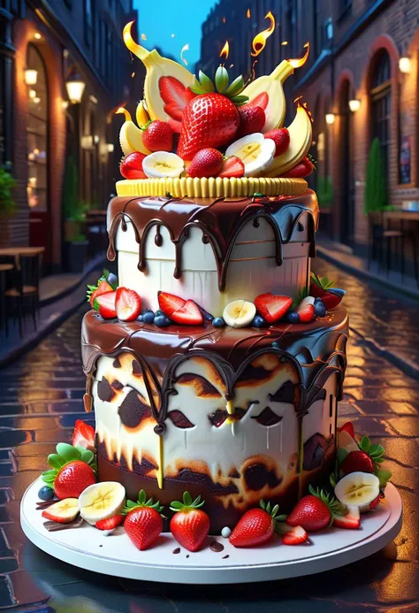 A succulent and appetizing digital illustration of a chocolate, fiordilatte cream cake, with pieces of fresh strawberries and banana cascading into the creamy mixture in a delicious explosion of flavor and texture. The image captures the essence of indulgence and pleasure, with a hyper-realistic rendering that makes the viewer feel as if they could reach out and take a sip. The artist has skillfully captured the delicate balance of light and shadow, as well as the intricate details of the cake's texture and delicate fruit pieces of strawberries and banana,
a waterfall of liquid chocolate in the cake,
The overall composition is inspired by the work of renowned artists such as Alexander Kucharsky, Derek Zabrocki, and Igor Morski, with a focus on creating a stunning and immersive visual experience that celebrates the beauty and pleasure of food and drink.
background of a London style brick wall, with neon lights and signs, relaxed environment, flaming lights, glowing
The overall composition is inspired by the work of renowned artists such as Alexander Kucharsky, Derek Zabrocki, and Igor Morski, with a focus on creating a stunning and immersive visual experience that celebrates the beauty and pleasure of food and drink.
background of a London style brick wall, with neon lights and signs, relaxed environment, flaming lights, glowing,ral-lava