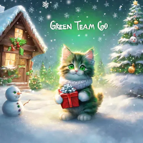 holidayxl style, background is a Winterwonderland, christmas tree with light_green lights, cute maincoon kitten, gift, snowflakes, kitten stand behind a little cute snowman, (title says "Green Team go"), kitten is holding a gift, cute eyes, masterpiece, best quality, side view, smile
