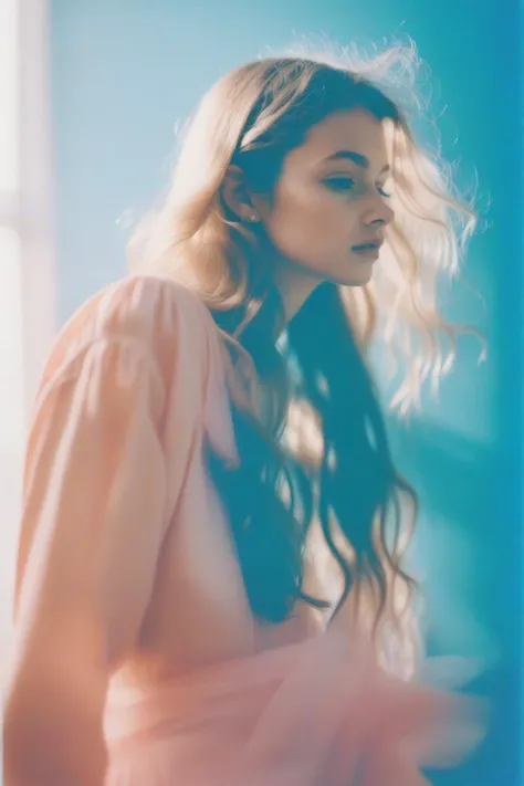crop and fit to draw area, a candid Polaroid professional photograph of a young pretty woman, light leak, fashion super model shot from distant, blue tinted,