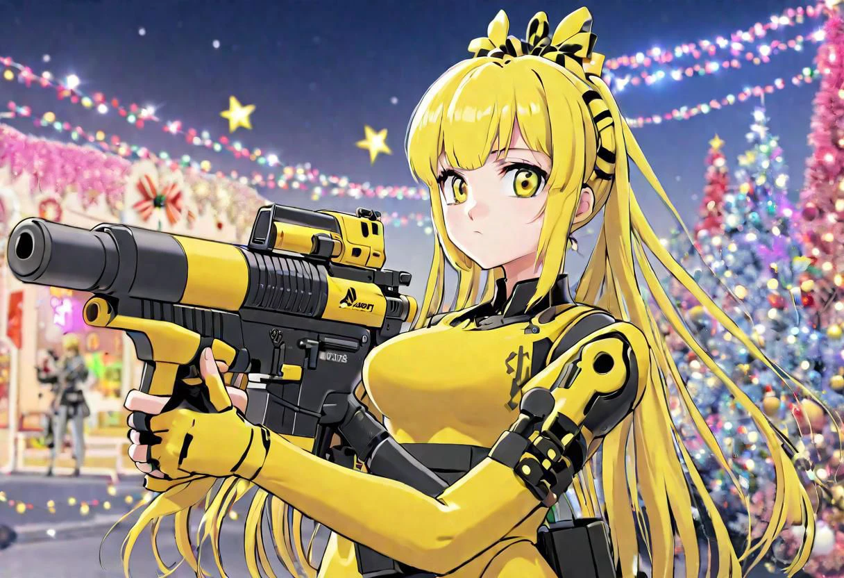 safe_pos, anime artwork image of a yellow hair anime girl holding a black and yellow mistletoe machine gun, Christmas decoration, waifu, style-psycho, pastel_style, HD, best quality, high quality, aesthetic, yellow clothing, masterpiece, studio anime, large breast, high detail, wallpaper, dramatic, vivid colors, anime style, key visual, vibrant, studio anime, highly detailed, studio, beautiful, snowy landscape background