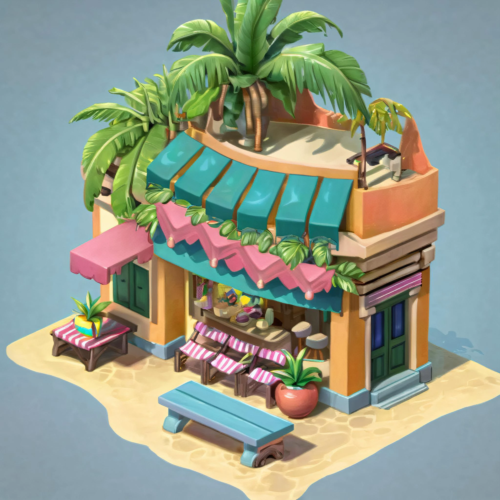 ((masterpiece, best quality)), absurdres, Isometric_Setting, tropical, shop,