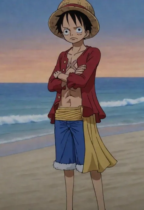 Monkey Di Luffy ( Sad:1.0) in the beach , ultra detailed background, best drawing, master piece , 8k