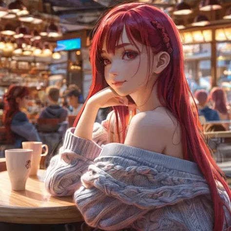 ((ultra high res)), ((8k)), ((best quality)), (masterpiece), beautiful , ((illustration)), ((insanely detailed)), panoramic, anime girl, off-shoulder colorful knit, in cafe, slender, (an extremely beautiful girl), cute face, ruby red hair, straight hair, ruby red eyes, smile, cleavage, detailed eyes, ultra-detailed face, magical sense, perfect anatomy, centered, approaching perfection, dynamic, (beautiful detailed eyes), blurred background bokeh