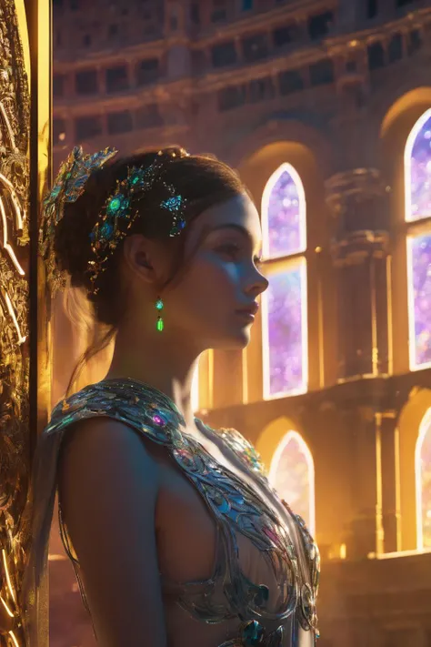 (Masterpiece:1.2), best quality, (illustration:1.2), enticing,(Masterfully crafted Glow, lens flare), (ultra-detailed), hyper details, (delicate detailed), (intricate details), (cinematic light, best quality Backlights), clear line, solo female, solo female, perfect body, (1girl), bioluminescent hair, glowing eyes, slightly close eyes, fantasy, (Dynamic:1.2), ((makeup)), high contrast, (best illumination, an extremely delicate and beautiful), ((cinematic light)), colourful, powerful, (Cinematic masterpiece), photoshoot, Fate Grand Order, mythic, splashes of colour, absolutely eye-catching, ((colourful paint splashes on background, dulux,)), ((caustic)), dynamic angle, beautiful detailed lights, (Captivating),(Intricately Detailed Cinematic Golden Colosseum:1.1), ambient occlusion, ambient light, ray-traced reflections, intricately detailed glint blade phalanx, subsurface scattering, (glint blade phalanx:1.2)