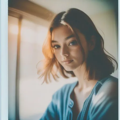 crop and fit to draw area, a candid Polaroid professional photograph of a young pretty woman, light leak, fashion super model shot from distant,