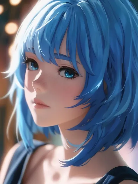 beautiful age 18 girl, (anime screencap), blue hair, freckles, sexy, beautiful, dslr, 8k, 4k, natural skin, textured skin, pixiv, depth of field, cinematic compotision, best lighting,