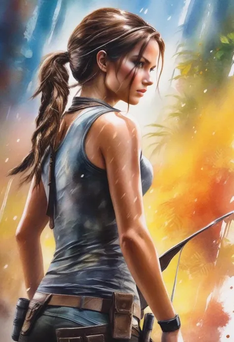 (tomb raider, Lara croft, masterpiece, top quality, best quality, official art, beautiful and aesthetic:1.2), (1girl:1.3), extreme detailed,colorful,highest detailed,(watercolour painting:1.3), optical mixing, playful patterns, lively texture, rich colors, unique visual effect, 1girl