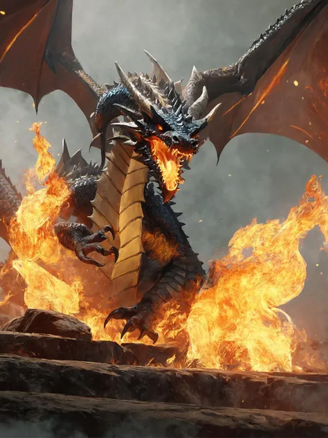 masterpiece, best quality, greg rutkowski, 

fire, no humans, open mouth, wings, dragon, sharp teeth, teeth, tail, solo, breathing fire, horns, monster, claws, smoke

, very detailed, high resolution, sharp, sharp image, 4k, 8k,