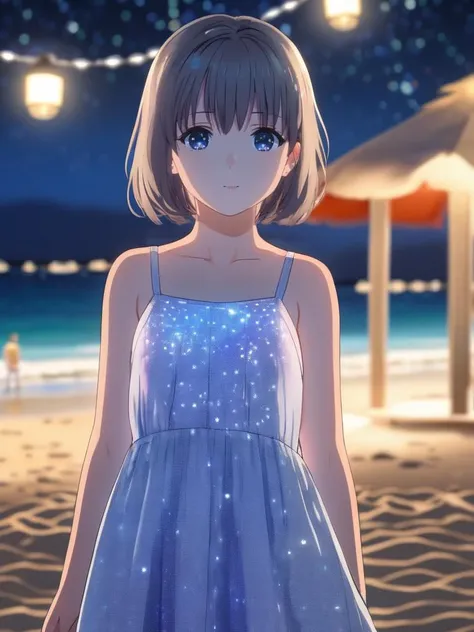 A anime screenshot of a girl wearing sundress on a beach at night. Looking at viewer, beautiful detailed eyes, bokeh, depth blur