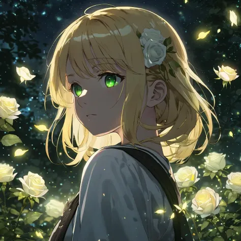 face focus, masterpiece, best quality, 1girl white roses, petals, night background, fireflies, light particle, solo, blonde hair, green eyes, standing, pixiv, depth of field, cinematic compotision, best lighting, looking up