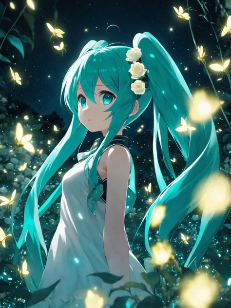 face focus, masterpiece, best quality, 1girl, hatsune miku, white roses, petals, night background, fireflies, light particle, solo, aqua hair with twin tails, aqua eyes, standing, pixiv, depth of field, cinematic composition, best lighting, looking up