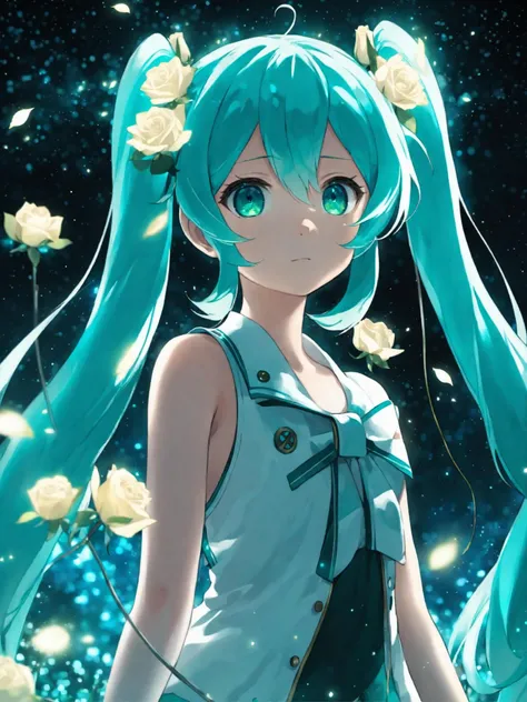 face focus, masterpiece, best quality, 1girl, hatsune miku, white roses, petals, night background, fireflies, light particle, solo, aqua hair with twin tails, aqua eyes, standing, pixiv, depth of field, cinematic composition, best lighting, looking up