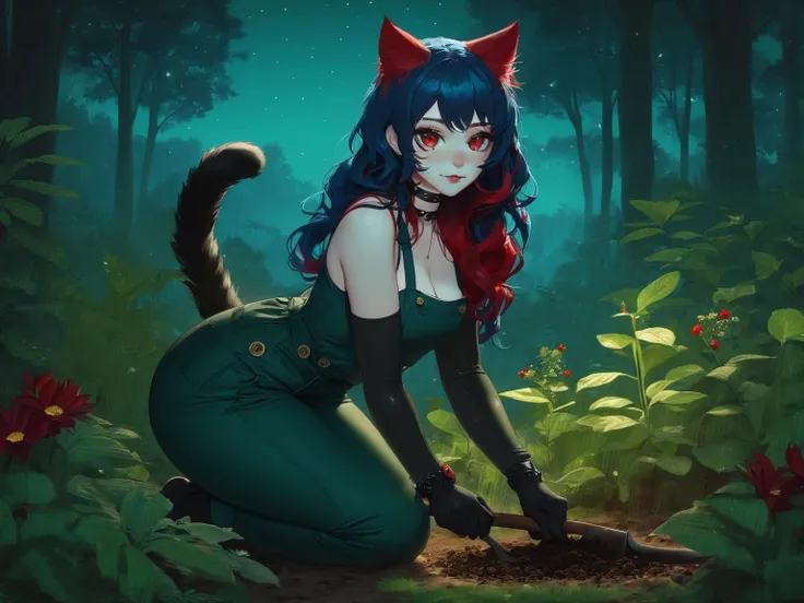 a catgirl gardening in a forest at night on knees.

A Catgirl with long wavy blue hair, red eyes, freckles and curvy figure.

(cat ears), (blue hair:1.2), (red eyes:1.3), (long wavy hair), (cat tail:1.3), ((Freckles)), hips, (medium) breasts, covered ears, soft face, gentle face,

collar, ((choker)), tattoos, detailed eyes,
(wearing dark (green button shirt)), dark green pants, 

Detailed, hq, high resolution, vibrant,

Midnight, dark sky, night time, gardening, gardening tools, plants, herbs, soil, 