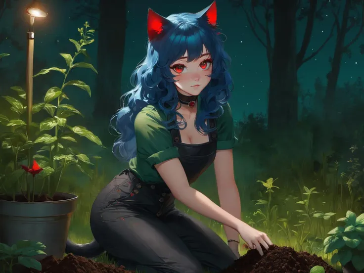 a catgirl gardening in a forest at night on knees.

A Catgirl with long wavy blue hair, red eyes, freckles and curvy figure.

(cat ears), (blue hair:1.2), (red eyes:1.3), (long wavy hair), (cat tail:1.3), ((Freckles)), hips, (medium) breasts, soft face, gentle face,

collar, ((choker)), tattoos, detailed eyes,
(wearing dark (green button shirt)), dark green pants, 

Detailed, hq, high resolution, vibrant,

Midnight, dark sky, night time, gardening, gardening tools, plants, herbs, soil, dirty, dirty clothes, 