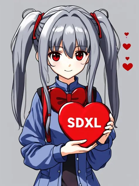 A girl, software anime, holding a red heart with text "sdxl" on it, slight smile, gray hair, twintails, red eyes, minimalistic