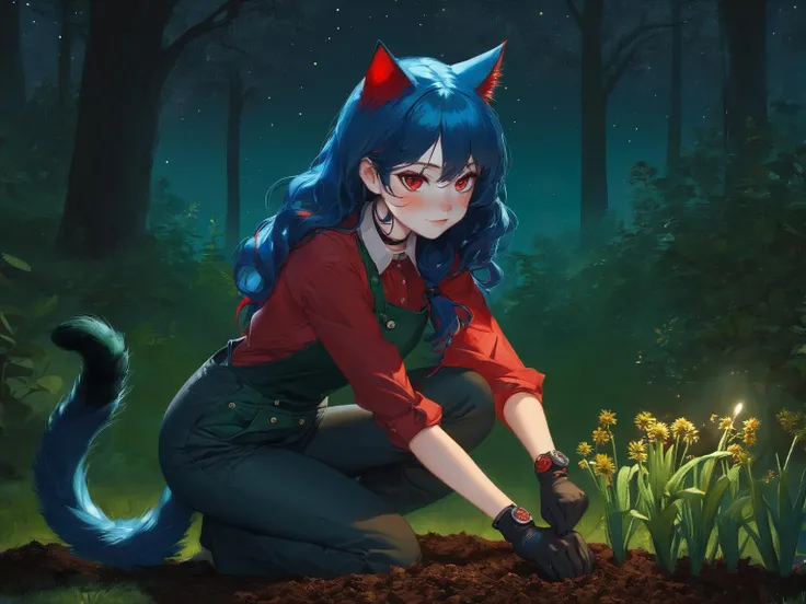 a catgirl gardening in a forest at night on knees.
A Catgirl with long wavy blue hair, red eyes, freckles and curvy figure.
(cat ears), (blue hair:1.2), (red eyes:1.3), (long wavy hair), (cat tail:1.3), ((Freckles)), hips, (medium) breasts, soft face, gentle face,
collar, ((choker)), tattoos, detailed eyes,
(wearing dark (green button shirt)), dark green pants,
Detailed, hq, high resolution, vibrant,
Midnight, dark sky, night time, gardening, gardening tools, plants, herbs, soil,