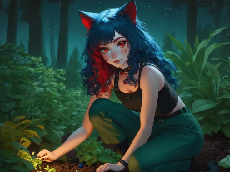 a catgirl gardening in a forest at night on knees.
A Catgirl with long wavy blue hair, red eyes, freckles and curvy figure.
(cat ears), (blue hair:1.2), (red eyes:1.3), (long wavy hair), (cat tail:1.3), ((Freckles)), hips, (medium) breasts, covered ears, soft face, gentle face,
collar, ((choker)), tattoos, detailed eyes,
(wearing dark (green button shirt)), dark green pants,
Detailed, hq, high resolution, vibrant,
Midnight, dark sky, night time, gardening, gardening tools, plants, herbs, soil,