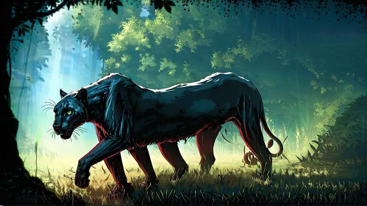 A stealthy panther lurking in the shadows of a jungle <lora:bBackground:1.3>