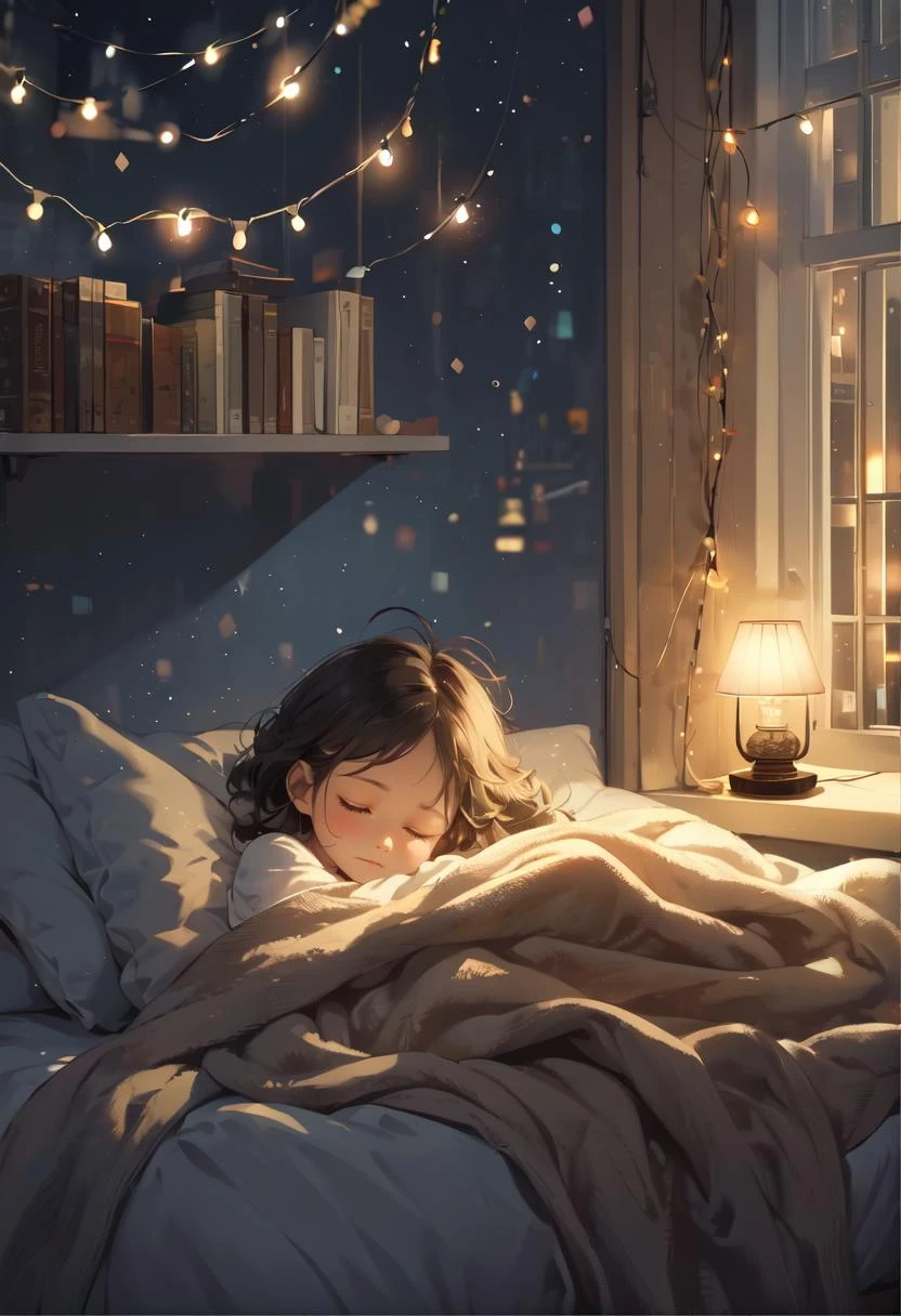cute sleeping comfortably on a bed, covered with a blanket, stuffed animal, string lights on the wall, window, cozy and comforting atmosphere, nighttime, wonder, pixiv,