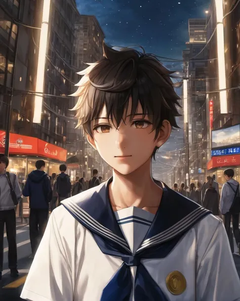 masterpice, best quality, 1boy,  ((solo)), looking at viewer, dog ears, sailor_collar,  serafuku, sailor shirt, half body, background of a city scape, pedestrians, soft lights, realistic lights, <lora:out4:1>
