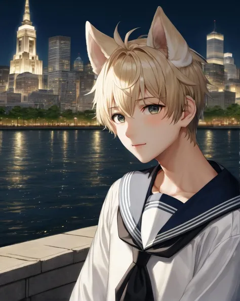 masterpice, best quality, 1boy, ((solo)), looking at viewer, dog ears, sailor_collar, serafuku, sailor shirt, half body, background of a city scape, pedestrians, soft lights, realistic lights, <lora:out4:1>