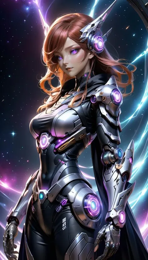 masterpiece,best quality,(photorealistic:1.4),(ultra detailed:1.3), mecha Female Cybernetic Illusionist: An illusionist with cybernetic eyes that project mesmerizing holographic illusions, an optical camouflage cloak, and an AI-assisted showmanship module.,Galactic Fusion Bodysuit: Blends the colors of distant galaxies in a mesmerizing fusion of light.,Copper Alchemist Robe with Transmutation Circles: Transmutation circles are intricately woven into the fabric, representing alchemical knowledge. <lora:mecha-000009 (1):0.8>