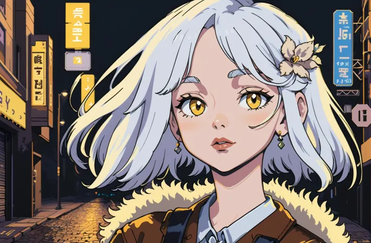 /mys/, pixel_art style background, 8bit_style,1girl, solo, hair_ornament, hair_flower, parted_lips, white_hair, lips, fur_trim, yellow_eyes, brown_eyes,shirt,in the dark street
BREAK
<lora:pixel_art style backgound:0.8>