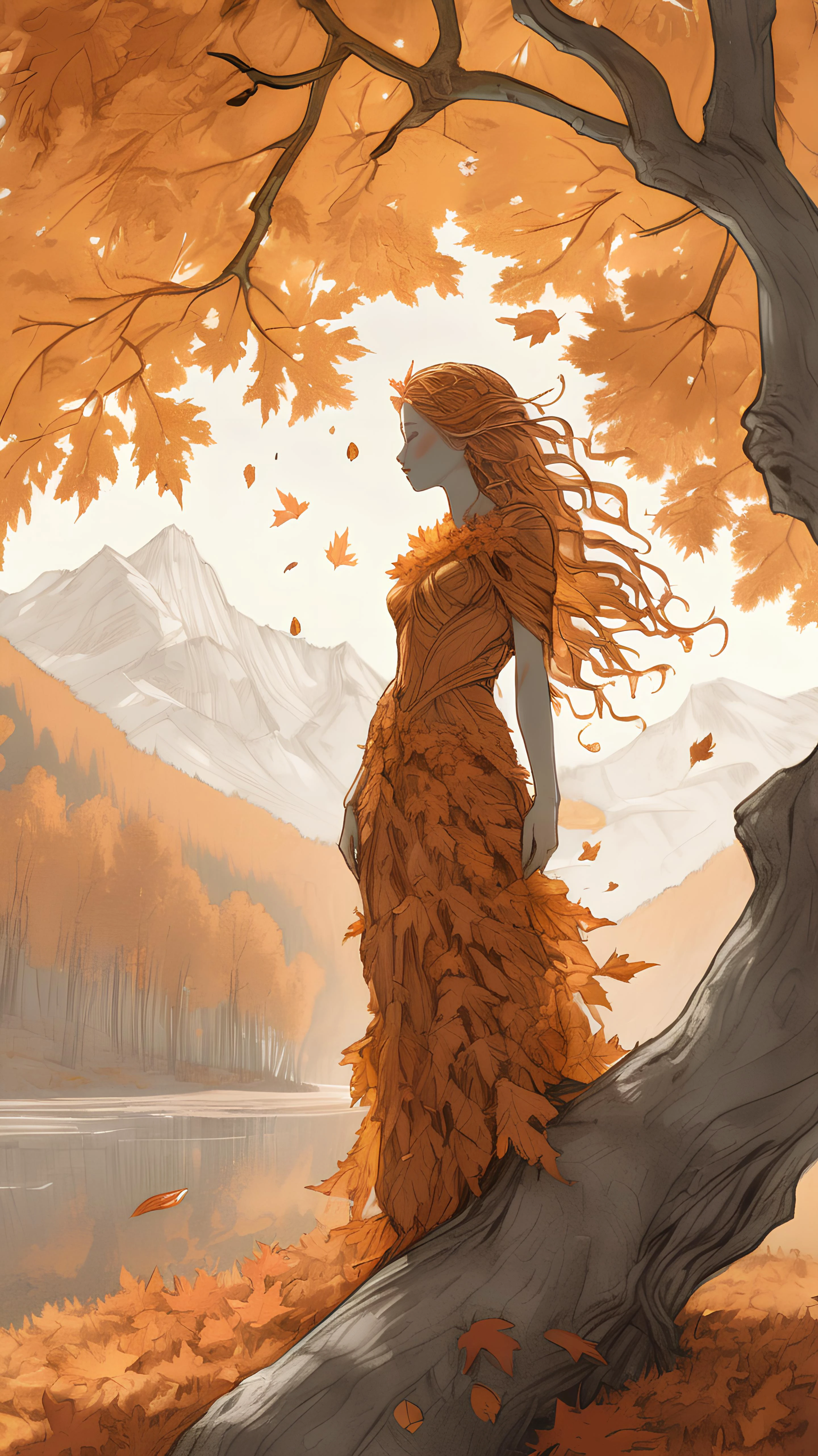 Rustic stylized, hand drawn sketch, mix of bold lines and thin detailed lines, crosshatching, on paper, a crisp autumn afternoon, a an ageless tree spirit, hair made of autumn maple leaves, pointed ends, (bark textured dress), (thoughtful eyes), ageless, natural light, golden hour, a vibrant sky, highly detailed, concept art, Illustration, shot from below, slim willow-like body, golden ratio, masterpiece, 4k, <lora:detailed_notrigger:1>, <lora:sss:.7>, sss