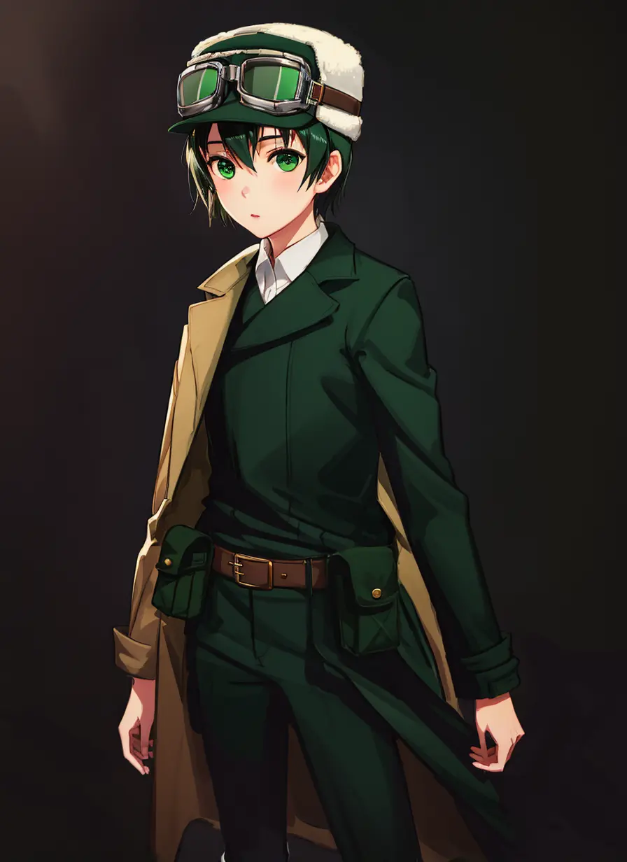 beautiful, masterpiece, best quality, realistic photo 1girl, kino, belt buckle, black hair, brown belt, buckle, coat, goggles on headwear, green eyes, green pants, hair between eyes, hat, kino no tabi, open clothes, open coat, pants, pouch, reverse trap, short hair, solo, standing <lora:my_KinoKinoNoTabi_v1:0.7>