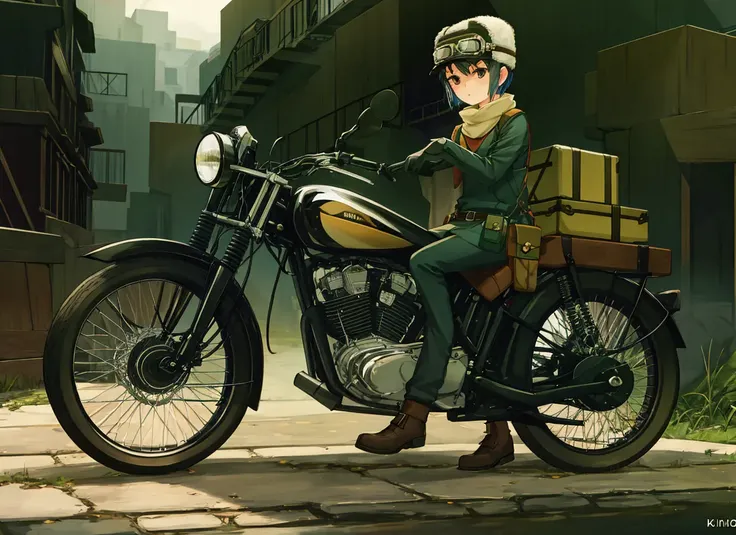 beautiful, masterpiece, best quality, 1girl, kino, belt pouch, fur hat, goggles on headwear, hermes, kino no tabi, motor vehicle, motorcycle, short hair, sitting, suitcase, tomboy, <lora:my_KinoKinoNoTabi_v1:0.65>