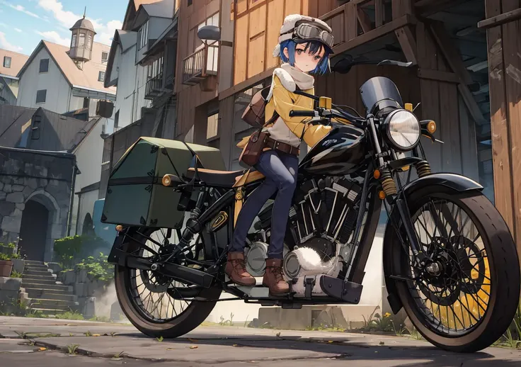 beautiful, masterpiece, best quality, 1girl, kino, belt pouch, fur hat, goggles on headwear, hermes, kino no tabi, motor vehicle, motorcycle, short hair, sitting, suitcase, tomboy, <lora:my_KinoKinoNoTabi_v1:0.65>
