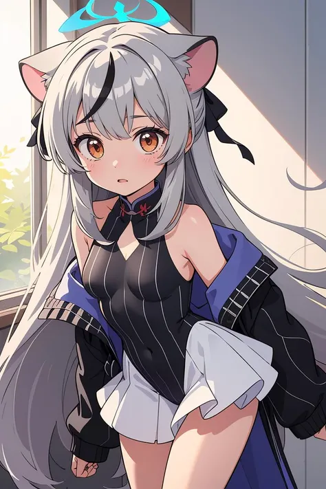(masterpiece, best quality), 1girl,   <lora:kokona_scarxzys:0.8> kokona, long hair, orange eyes, grey hair, bangs, multicolored hair, streaked hair, animal ears, halo, black dress, striped dress, vertical-striped dress, pelvic curtain, white skirt, black jacket, long sleeves, off shoulder, white footwear, black socks,