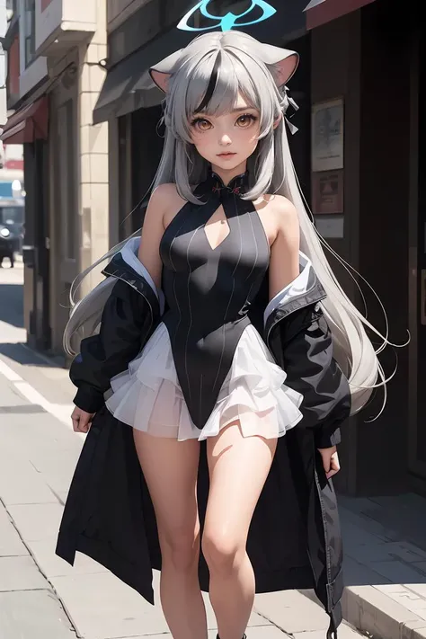 She is an 8 year old girl。She has very small breasts、nipples are pink。She is meaty。She has gray hair and blue eyes。She has long hair。Nipples and female genitalia are on the screen。Nothing to hide her body。She is so embarrassed。She's staring straight at me.。She is blushing。The background is black only。