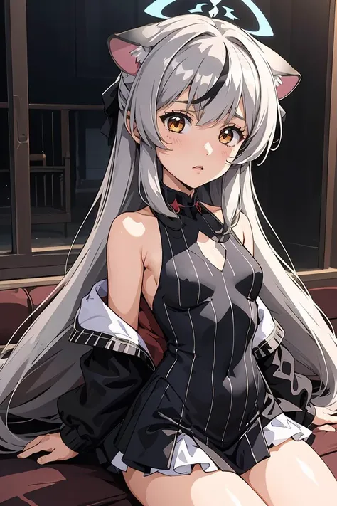 (masterpiece, best quality), 1girl,   <lora:kokona_scarxzys:0.8> kokona, long hair, orange eyes, grey hair, bangs, multicolored hair, streaked hair, animal ears, halo, black dress, striped dress, vertical-striped dress, pelvic curtain, white skirt, black jacket, long sleeves, off shoulder, white footwear, black socks,