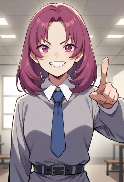 score_9, score_8_up, score_7_up, source_anime BREAK 1girl, solo,   <lora:zs_ChisatoXL:1> chisatop1, magenta hair, parted bangs, medium hair, magenta eyes, grey dress, white collar, blue necktie, long sleeves, grey belt, art gallery, museum, dark lighting, assertive female, grin, pointing at viewer, cowboy shot