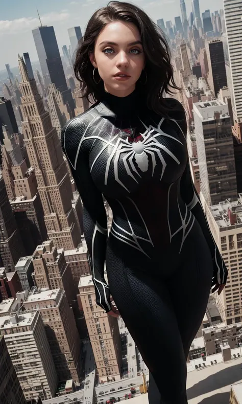 sydswe2024, 1girl, photorealistic, best quality, masterpiece, raw image, depth of field, on top of building, new york skyline, black suit, spider woman, skintight suit, white spider symbol,