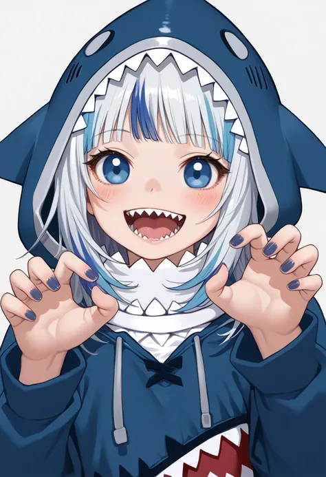 score_9, score_8_up, score_7_up, score_6_up, BREAK
pitvinm, 
in profile, 
1girl, animal hood, blue eyes, blue hair, blue hoodie, blush, claw pose, clothing, female, hood, hoodie, long sleeves, looking at viewer, looking to the side, multicolored hair, open mouth, shark hood, sharp teeth, smile, solo, streaked hair, teeth, two-tone hair, upper body, white hair,