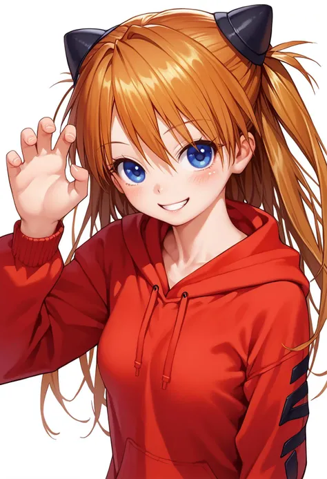 score_9, score_8_up, score_7_up, score_6_up, BREAK
1girl, souryuu asuka langley, blue eyes, blush, solo, medium breasts, 
hairpods, red hoodie, long sleeves, 
claw pose, looking at viewer, smile,