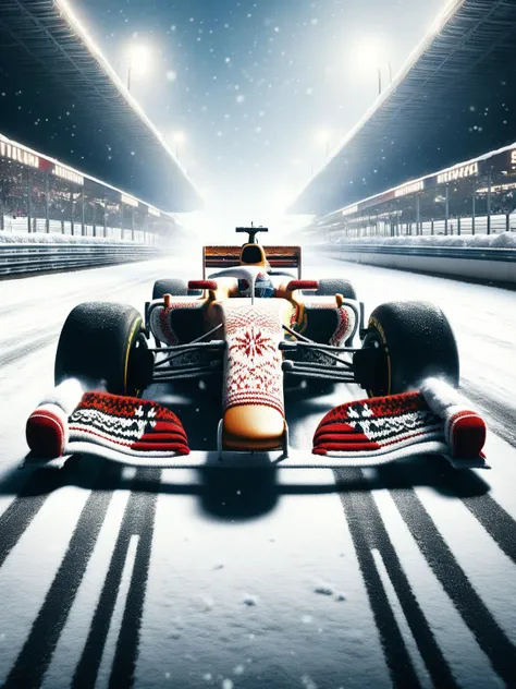 <lora:SDXLChristmasSweater:1>christmassweater,an F1 racing car fully covered in christmassweather, parked on a snowy racetrack, dynamic, cinematic,masterpiece,