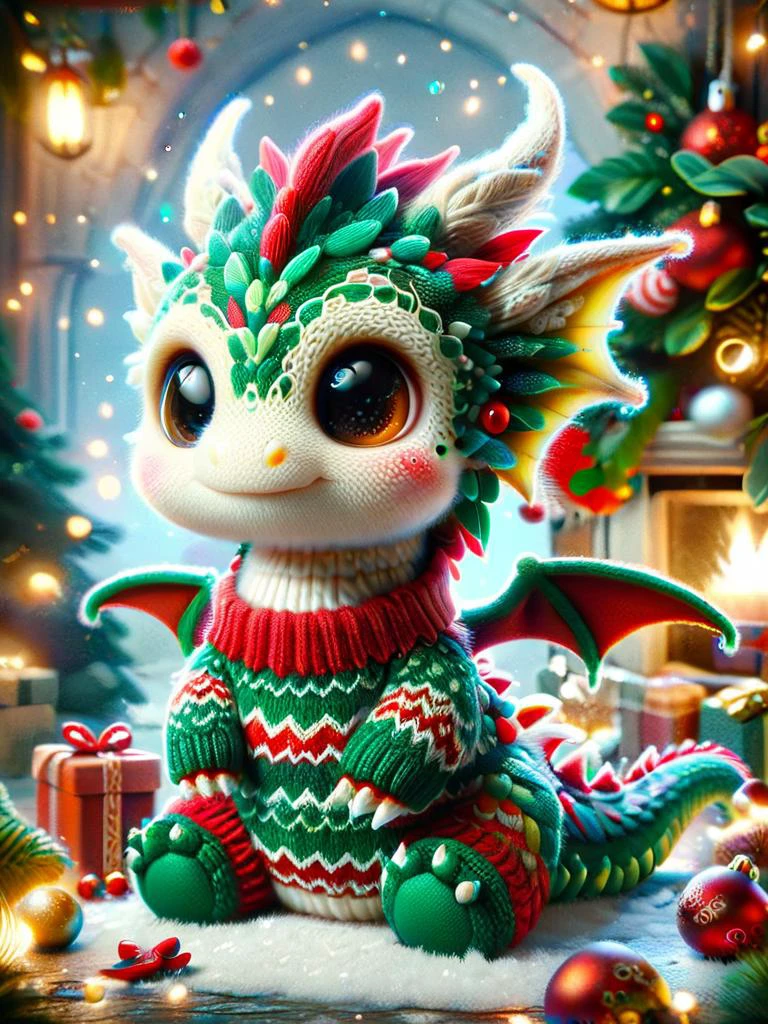 cute ral-smoldragons christmas dragon, wearing ChristmasSweater <lora:ral-smoldragons-sdxl:0.8> <lora:SDXLChristmasSweater:0.7>