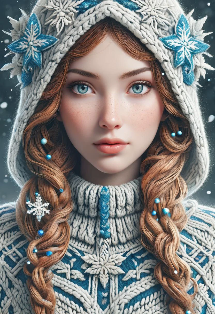 a magical winter wonderland at night, an exquisite snow maiden appears, wearing christmassweater, Her flawless figure is intricately crafted from ice crystals that sparkle in the moonlight, she stands tall amidst the frozen trees, her delicate features perfectly preserved by the frozen tundra, when approached she seems to come alive with an otherworldly ethereal glow, style of Agnes Cecile, style of Ilya Kuvshinov, <lora:SDXLChristmasSweater:1>